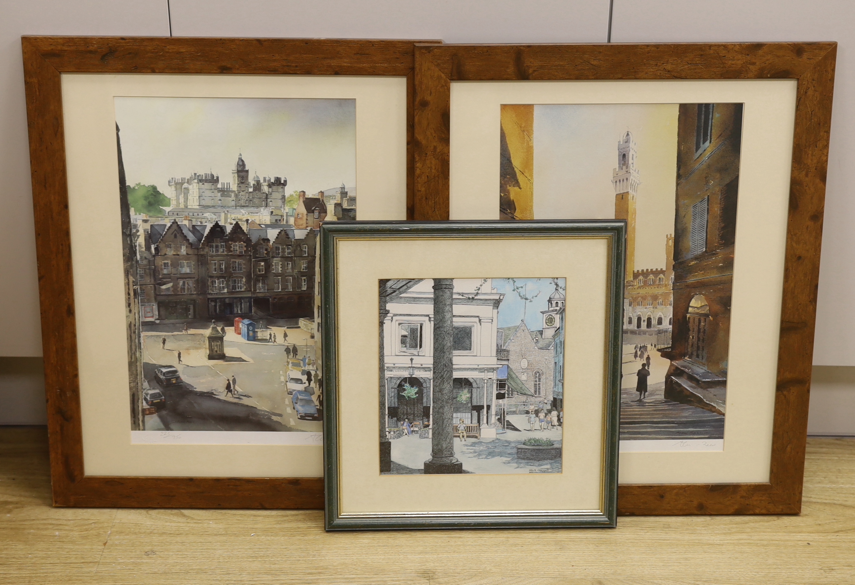 Alan Reed (b.1961) two colour prints including 'George Heriots School for Victoria Street', limited edition 223/950 and 7/950, signed in pencil, together with an ink and watercolour sketch by Nick Chappell, largest 42 x